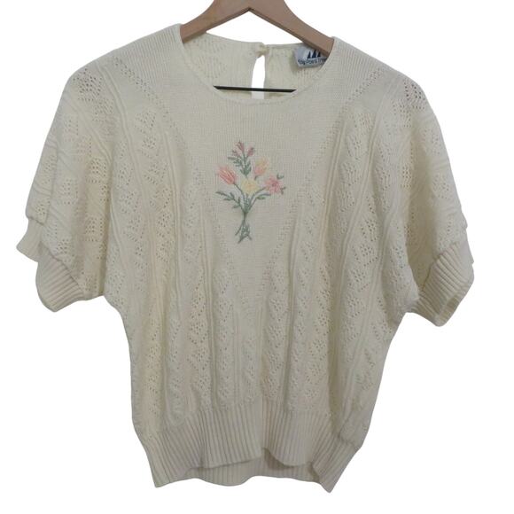 Bay Point Threads Women S Cream Vintage Short Sleeve Sweater Floral Embroidery - Picture 1 of 8